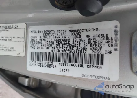 2002 Toyota Camry Le from USA, damaged, VIN 4T1BE32K72U056017